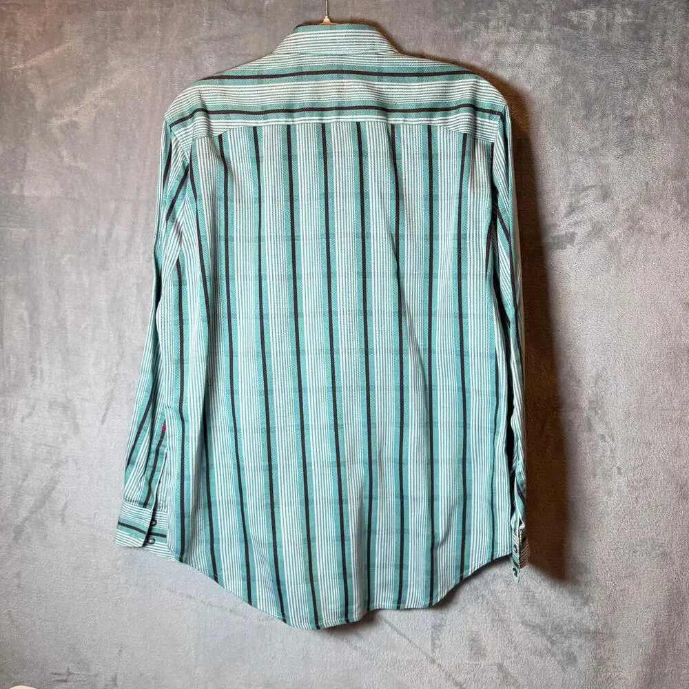 Robert Graham Mens Striped Shirt Teal Flip Cuff Button Down Medium M - Picture 2 of 6